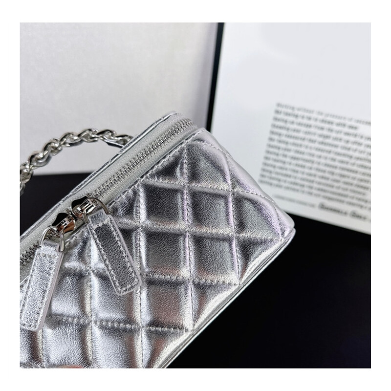 Small Quilted Real Leather Lambskin Vanity Case Purse w/ Silver