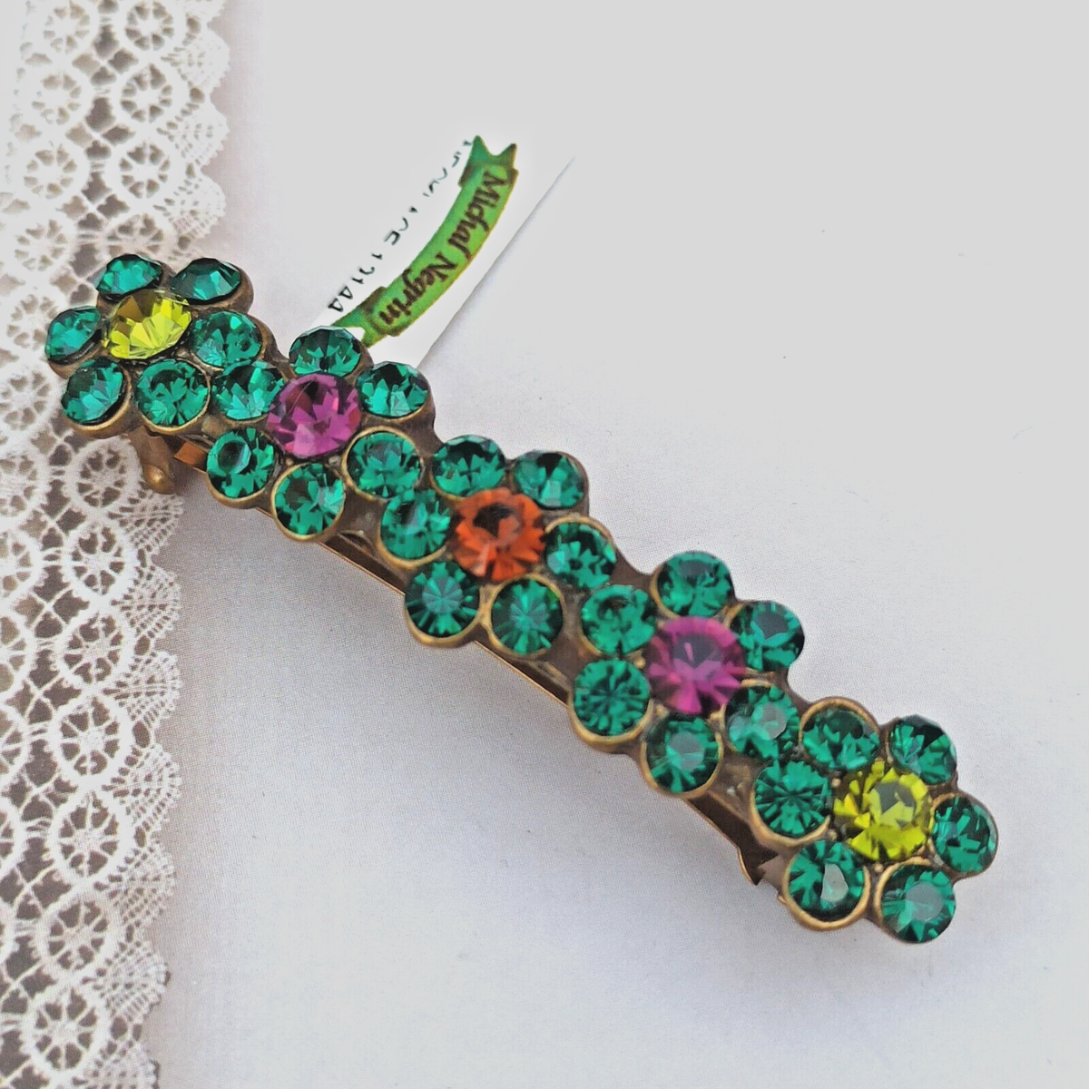Michal Negrin Hair Clip Deep Green Flower and Swarovski  display picture 2