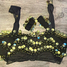 Women s Black Chiffon Belly Dance Hip Scarf Belt with Coins, with wrist cuffs