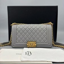 Chanel Boy Medium Shoulder Bag Grey Lambskin Gold HW Auth