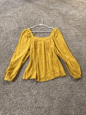 a new day Square Neck Bubble Sleeve Embossed Stripe Blouse Yellow Size Small