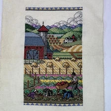 Vintage Farm Scene Cross Stitch Artwork Needlepoint Rustic Handmade unframed