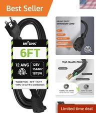 Outdoor Extension Cord 6ft Heavy Duty Power Cord 12 3 SJTW Weather Resistant