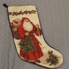 Needlepoint Christmas Stocking OLD WORLD SANTA Green Velvet Back Vintage