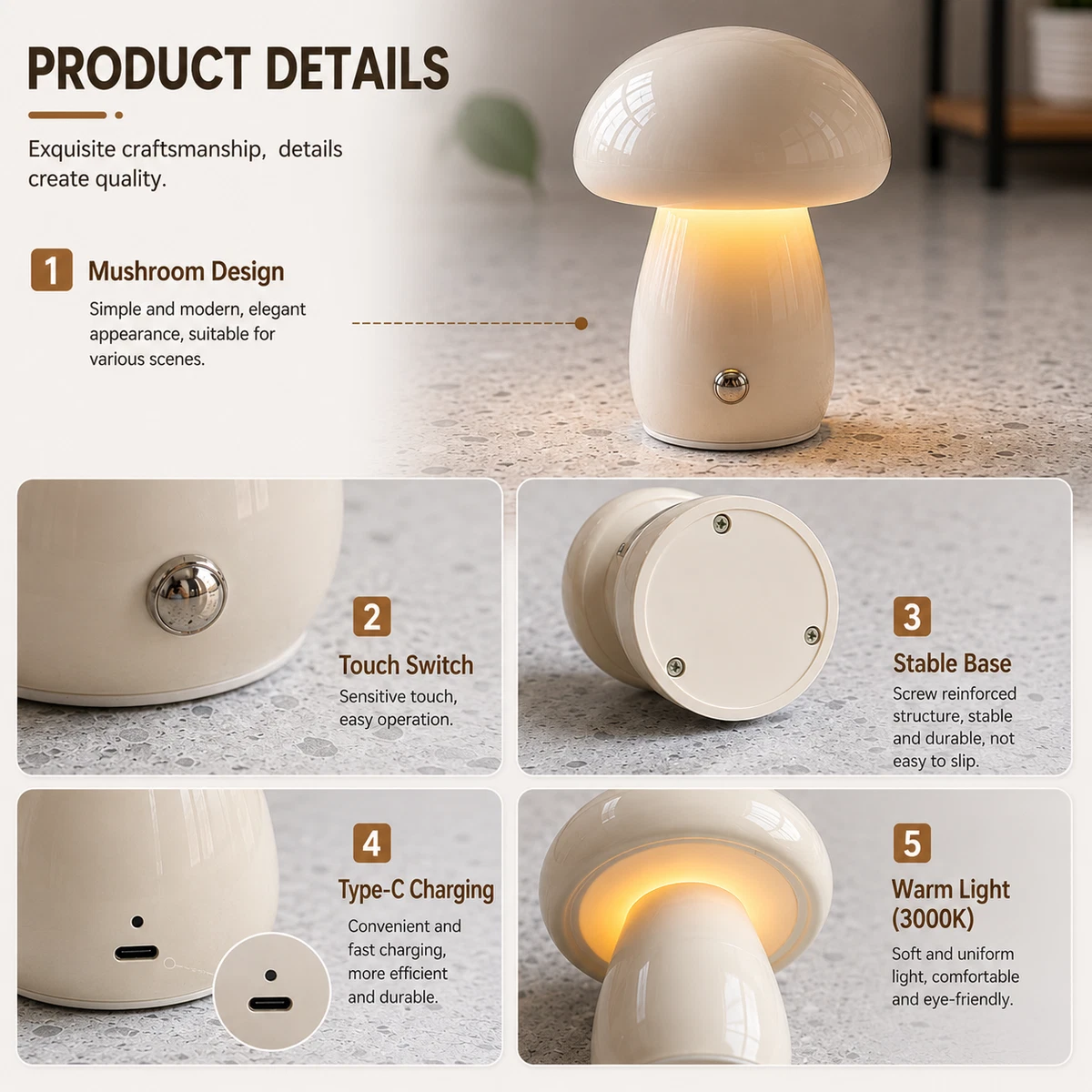 Lámpara LED de Mesa Hongo Estilo Nórdico Recargable USB Táctil Regulable
