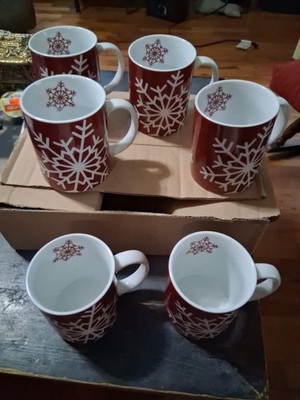 Konitz Brand Set Of 6 Red Snowflake Christmas Coffee Mugs