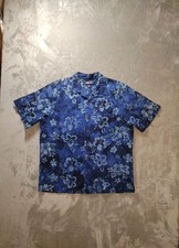 Vtg Lands  End Shirt Large Blue Cotton Floral Hibiscus Cork Button Up Hawaiian