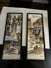 Vintage Pair Framed Renee Painted Ceramic Til...