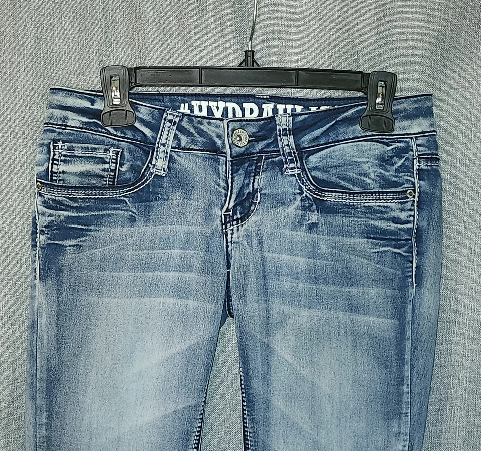 Pantalones de mezclilla elásticos rectos desgastados con bigotes cintura baja Bailey hidráulicos Foto 3 de 4