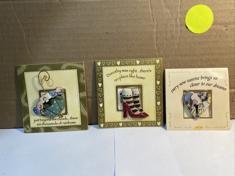 3 New Vintage KB DESIGN Porcelain Pins Flowers High Heels Shoes & Love Heart
