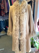 Vintage Marvin Richards Size 2 Petite Tan 100% Lambswool Trimmed Long Coat