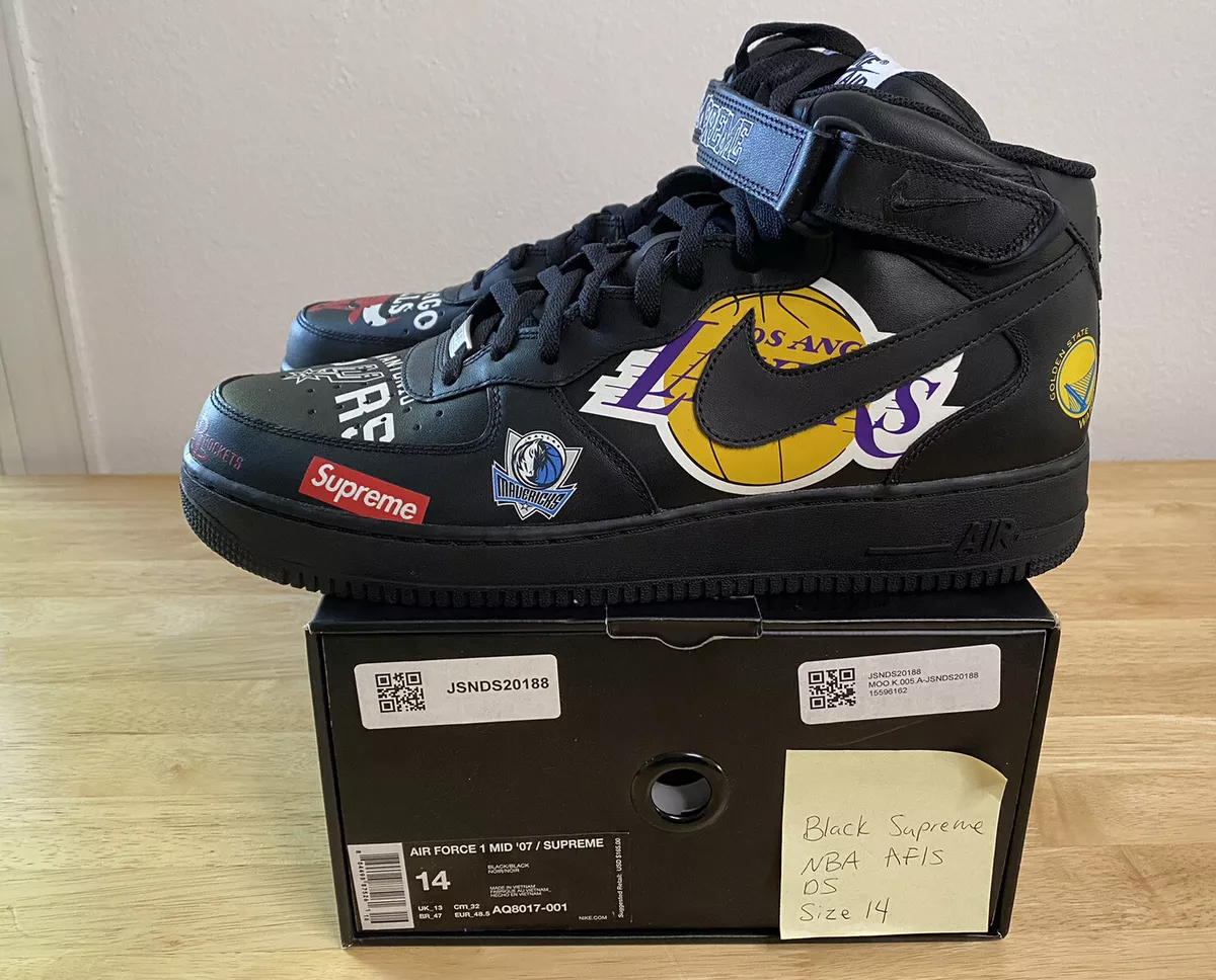 2018 Supreme NBA Black Nike Air Force 1 Mid '07 SS18 AQ8017-001 Size 14 New  DS