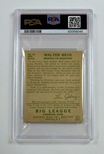 1934 Goudey #50 Walter Beck PSA 4 VG-EX SF-6045 - Foto 2 di 2