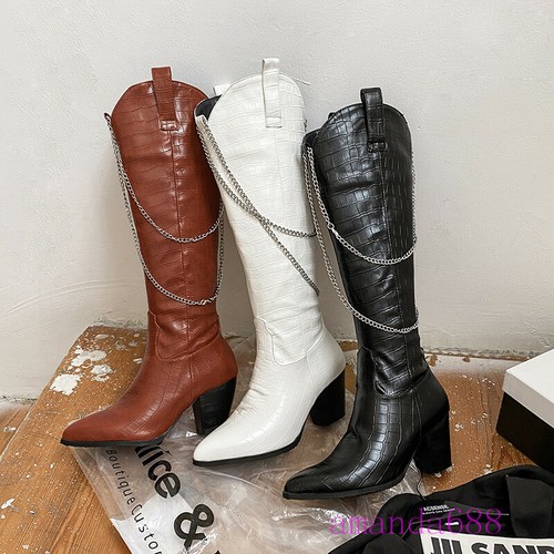 Hot Womens Chain Cowboy Boots Winter Pointed Toe Knee High Riding Boots Shoes Sz - Picture 12 of 15
