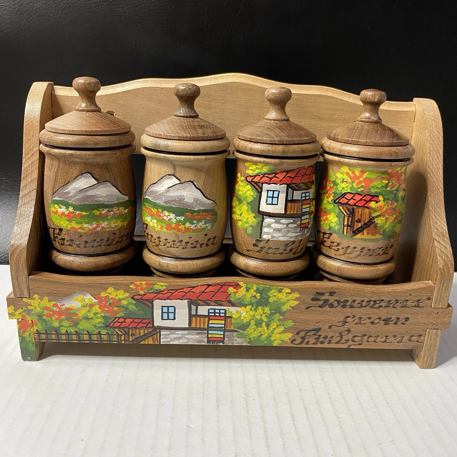 Vintage Bulgarian Wooden Folk Art Spice Containers (4) With Rack