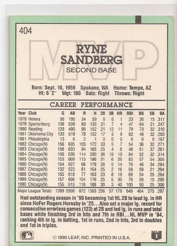 1991 Donruss #404 Ryne Sandberg MVP - Picture 2 of 2