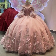 Pink Quinceanera Dress Sweet 15 Off Shoulder 3D Floral Beaded Glitter Ball Gowns