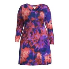Terra & Sky Plus Size Long Sleeve Swing Dress 2X (20W-22W) Pink Tie Dye