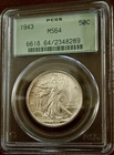 1943 walking liberty half dollar PCGS ms64- Vintage Green Label/ Wow Eye Appeal