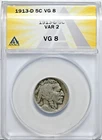 1913 D BUFFALO NICKEL TYPE 2 VG8 Graded ANACS VG 8 Nice Original Legible Coin V2