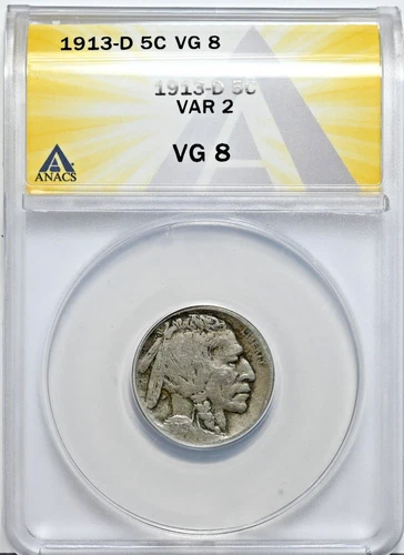 1913 D BUFFALO NICKEL TYPE 2 VG8 Graded ANACS VG 8 Nice Original Legible Coin V2