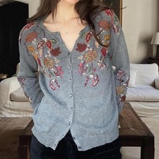 Gray Embroidered Floral Button-Up Cardigan Sweater