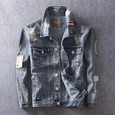 Luxury Men Denim Jacket Ripped Loose Casual Trendy High Street Retro Jean Coat