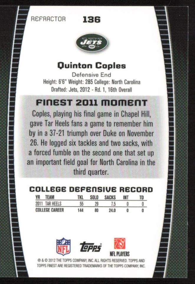 2012 Finest Red Refractors #/25 Quinton Coples #136 Rookie New York Jets - Image 2 of 2
