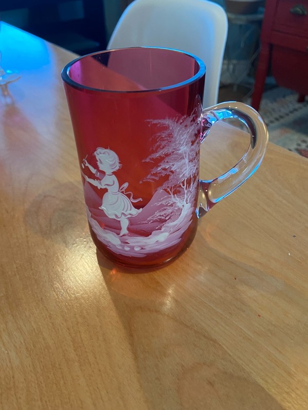 antique Mary Gregory cranberry hand painted mug 1890s.