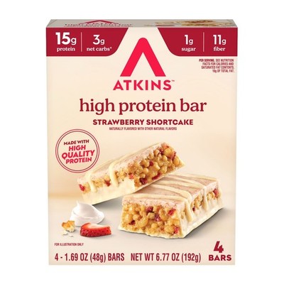 Atkins High Protein Bars,Strawberry Shortcake Flavored,15g of Protein,4 Count.