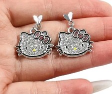 Rinestones Embellished Hello Kitty Stud Earrings, Silvertone, Dainty, Dangle