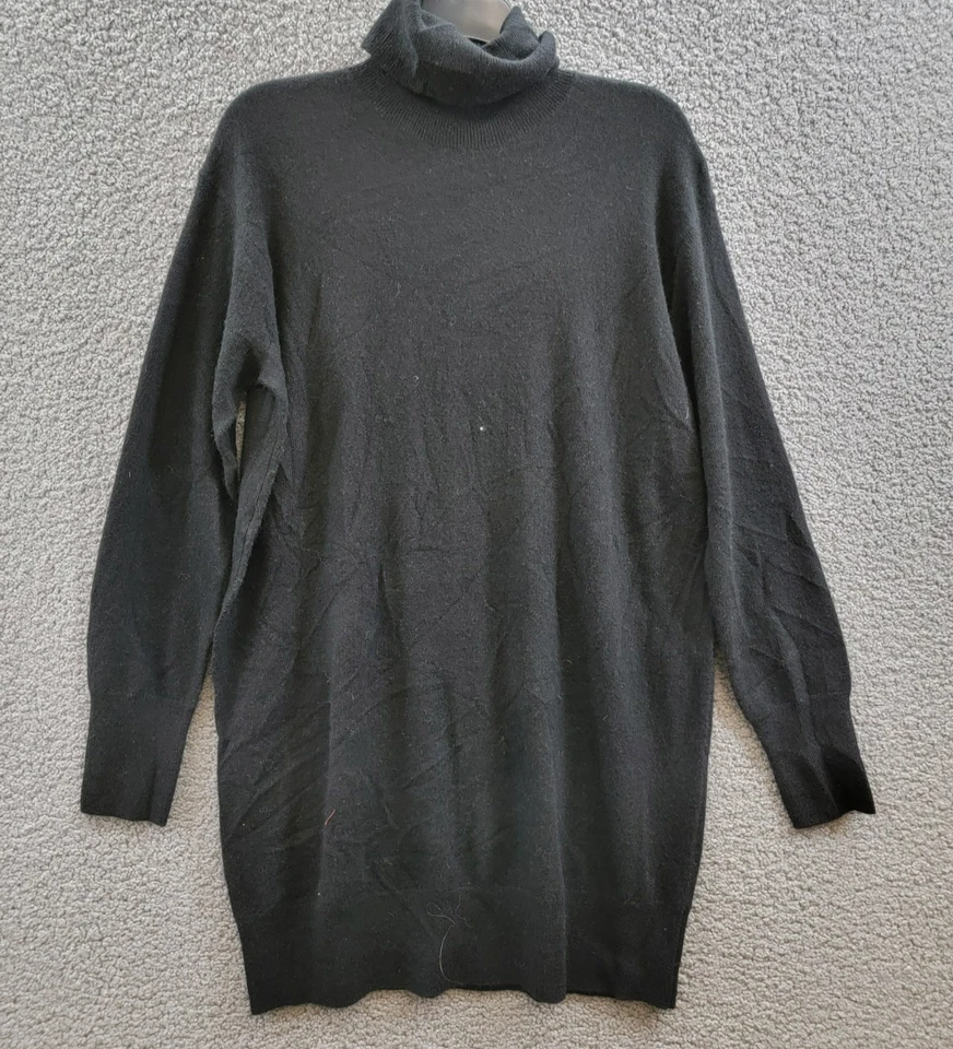 Vestido para mujer AQUA cachemir cuello alto M negro liso acanalado manga larga Foto 2 de 4