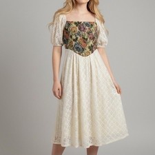SHEIN Floral Midi Dress L Lace Trim Puff Sleeve Cottagecore Renaissance Milkmaid