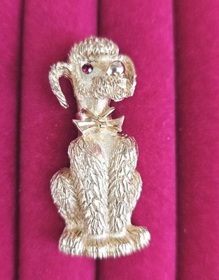 Vintage Marcel Boucher Poodle Dog Brooch Gold Tone Signed Numbered 7762B Red Eye