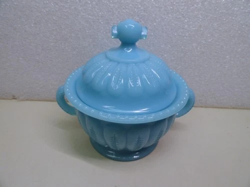 Vintage Portieux Vallerysthal Blue Milk Glass Covered Sugar or Candy Dish