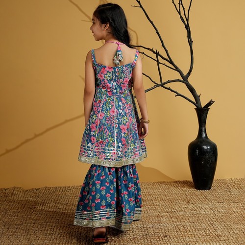 Girls Kurti and Sharara Set with Gotta Work Bollywood Cotton Floral Kurta Set - Picture 6 of 29