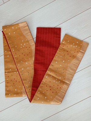 Japanischer Kimono Rot Gold Halbbreite Band Geometrisch