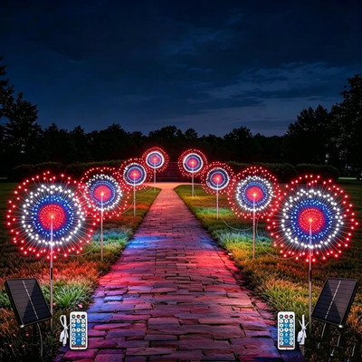 8 Pack Solar Firework Lights - 1440 LED Red White Blue for 4th of July Decor