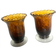 Art Glass Vases Two Amber Colored Shell Swirl Ruffled Edge Clear Pedestal Base