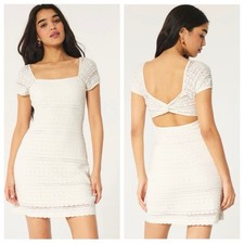 Hollister Dress Medium Cream Mini Crochet Knit Twist Back Boho Festival Cottage