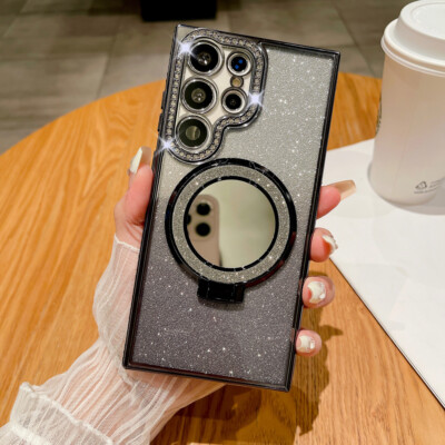 Rhinestone Mirror Magnetic Stand Case For Samsung Galaxy S24 S23 S22 Ultra