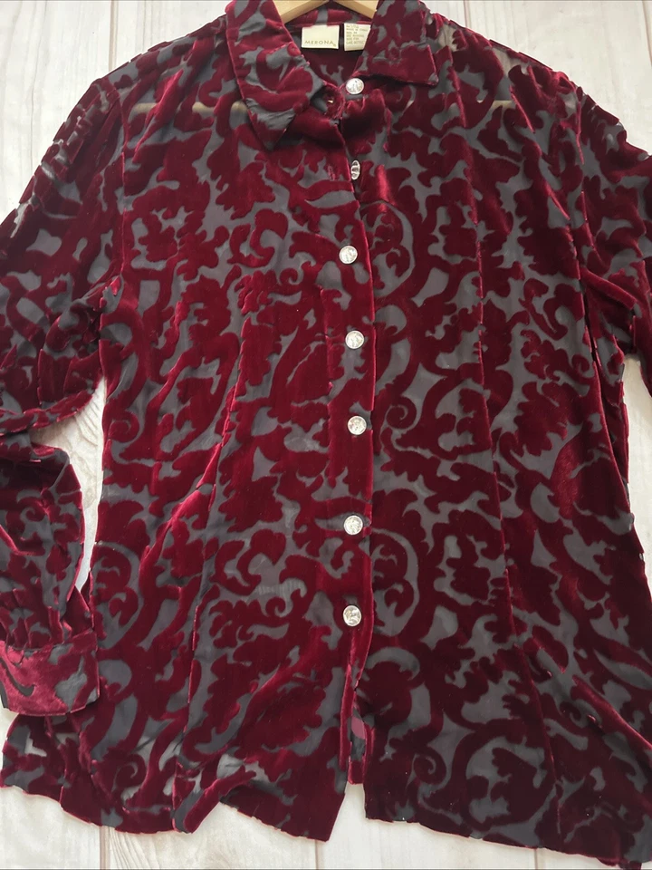 Camisa Merona Vintage Mezcla Seda Terciopelo Rayón Imitación Estrás Botón Mujer Talla M Foto 2 de 4