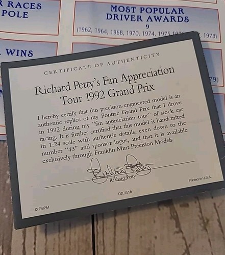 Rare Franklin Mint Richard Petty 1992 #43 Pontiac Grand Prix 1/24, NEW, Papers! - Picture 14 of 24