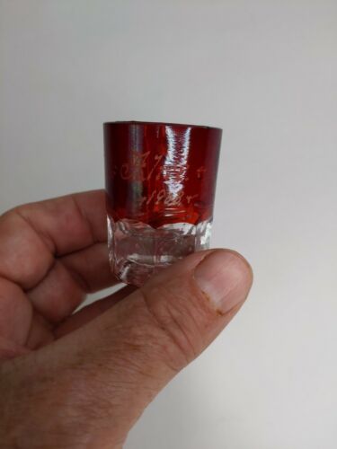 Antique Ruby Stain Etched Alice 1903 Marked Miniature Glass Mug 2"x2" Ex Conditi - Picture 2 of 11