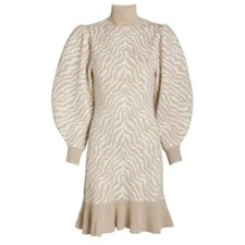 Ulla Johnson Joni Zebra Knit Merino Wool Sweater Dress - Beige and White - SMALL