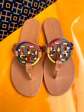 NIB Tory Burch Miller Flat Leather Sandal Vachetta Rainbow Enamel Logo MANY SIZE