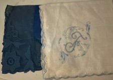 Vintage Handkerchiefs Set 2 Blue/white Embroidered Cotton Cottage Initial F