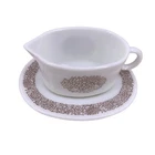 Pyrex Corning White Glass Woodland Gold Gravy Boat Dish w/Saucer Plate Vintage