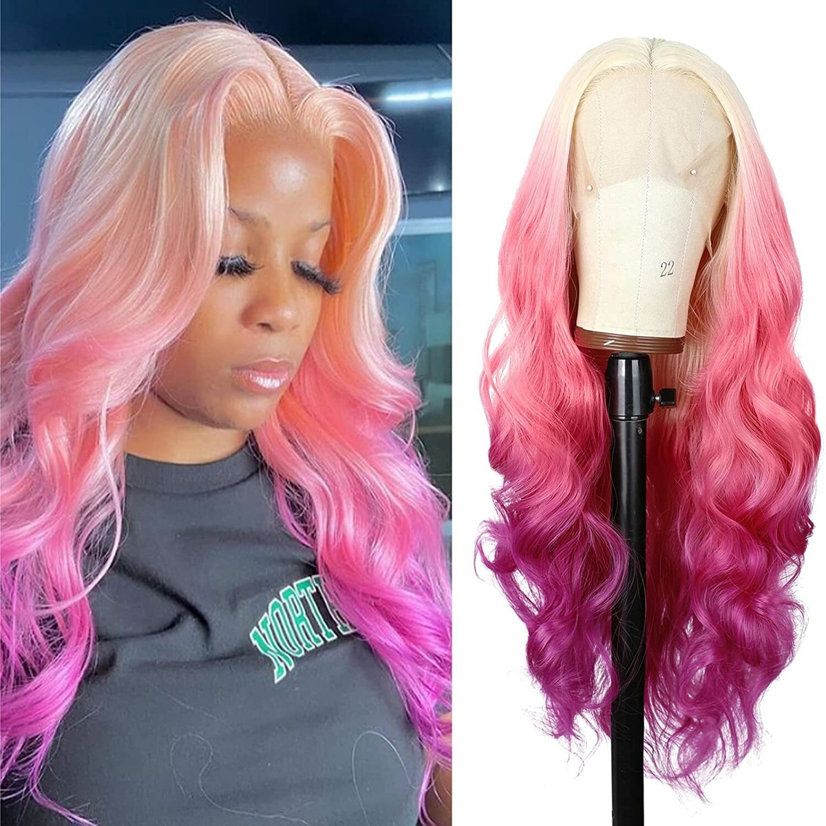 Blonde to Pink Body Wave 3 Tone Ombre Color Lace Front Wigs 