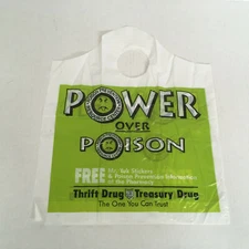 Vintage thrift drug treasury drug power over poison Mr Yuk plastic shopping bag